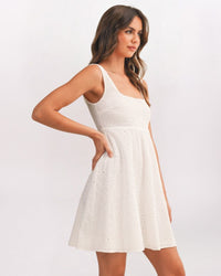 SQUARE NECK EMPIRE EYELET DRESS, WHITE
