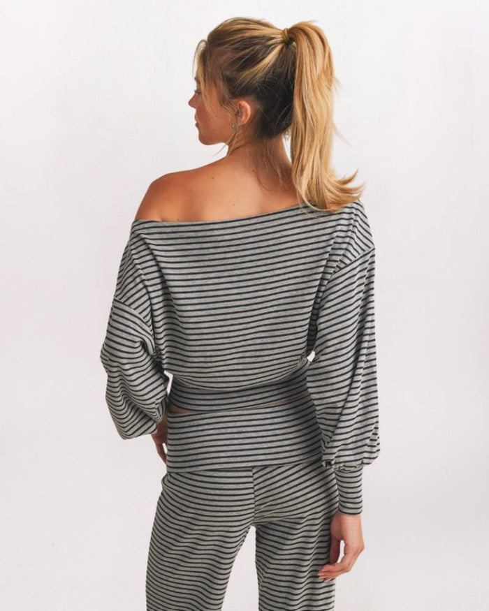 STRIPED OFF SHOULDER SLOUCHY TOP, H NAVY