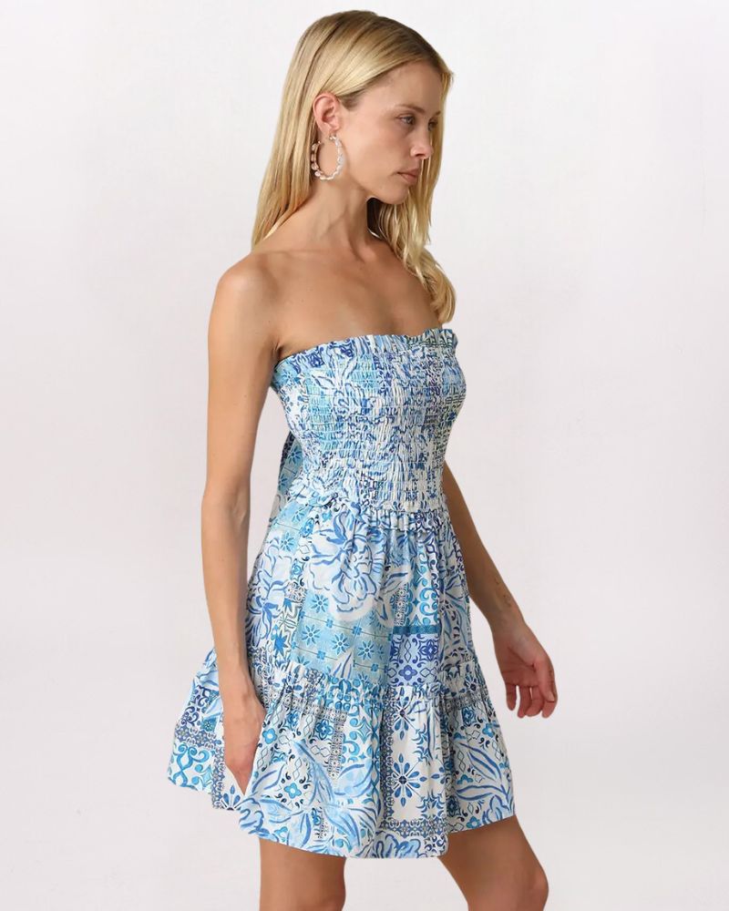 PATCHWORK TILE TIE BACK DRESS, WHT/COB BLU