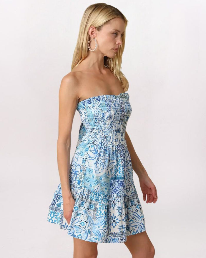 PATCHWORK TILE TIE BACK DRESS, WHT/COB BLU