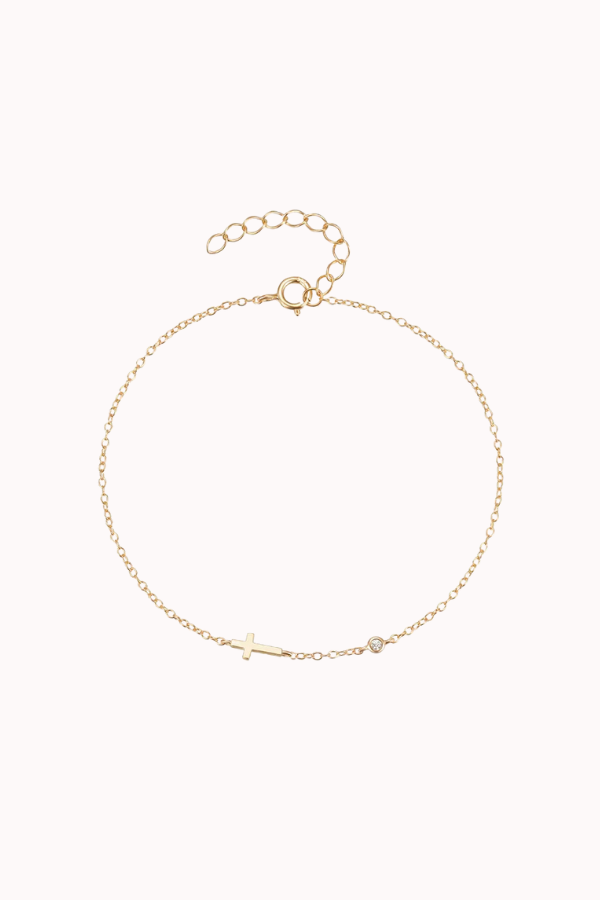 SIDEWAYS CROSS & CZ BRCLT - 14K GOLD DIPPED STERLING SILVER