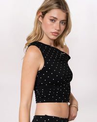 SL OFF SHLDR POLKA DOT TOP, BLACK/WHITE