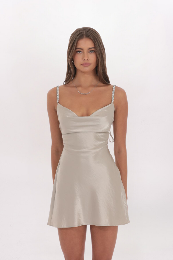 RHINESTONE STRAP SATIN DRESS