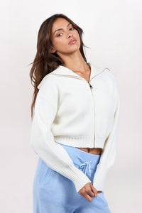 SHAWL COLLAR ZIP SWEATER - IVORY