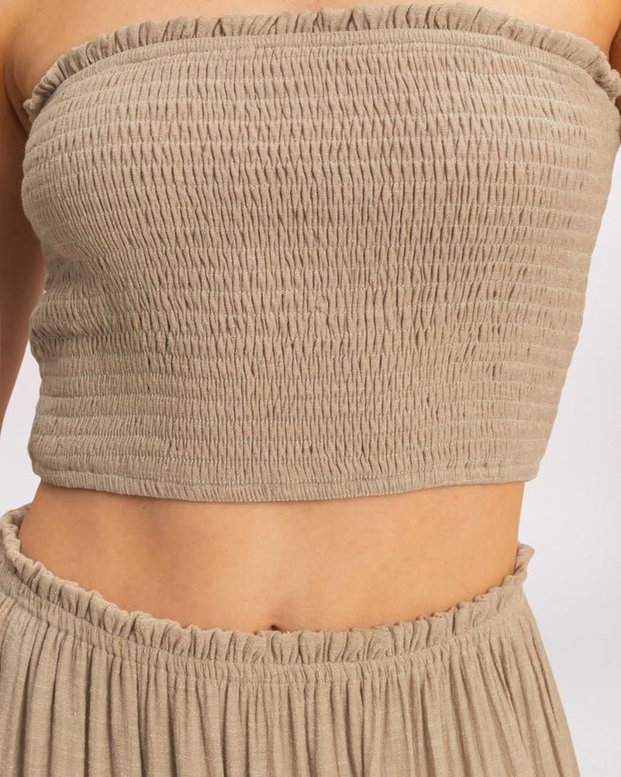 SMOCKED TUBE & MAXI SKIRT SET, TAUPE