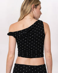 SL OFF SHLDR POLKA DOT TOP, BLACK/WHITE