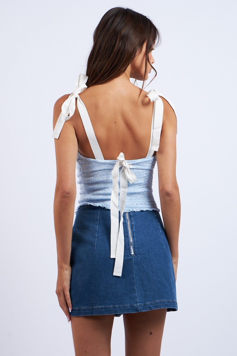 FLORAL SMOCKED TIE BACK TANK, COOL LYRICS BLUE