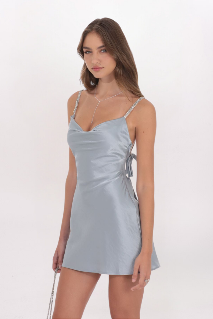 RHINESTONE STRAP SATIN DRESS