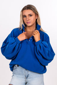 BALLOON SLEEVE HENLEY SNAP SWEATSHIRT, COBALT BLUE