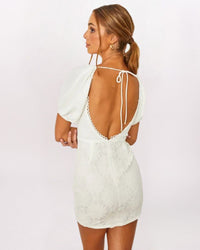 V-NECK PUFF SLEEVE LACE DRESS - WHITE