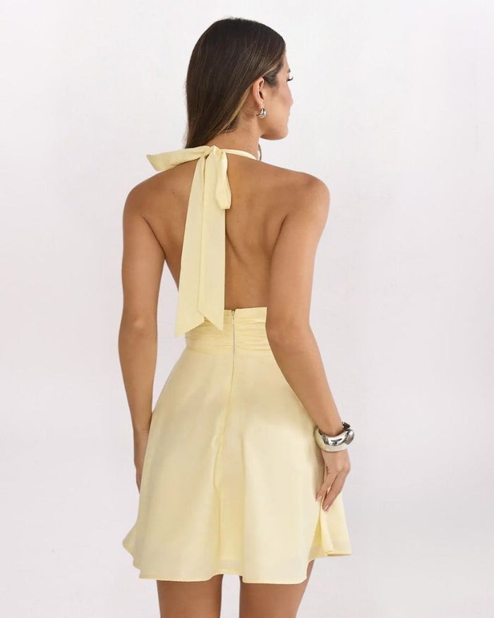 PLUNGE HALTER SWING DRESS, LEMON