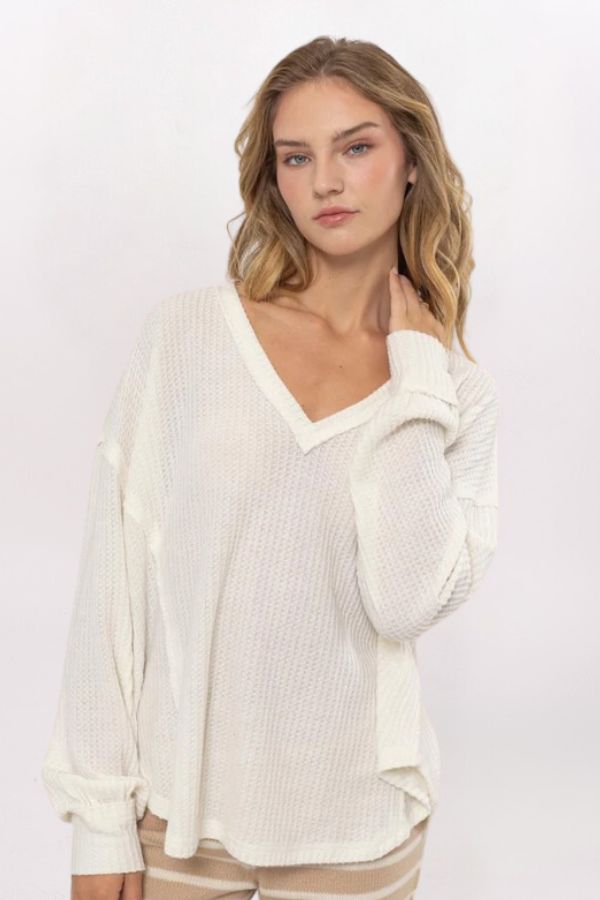 LS SLOUCHY VNECK WAFFLE TOP