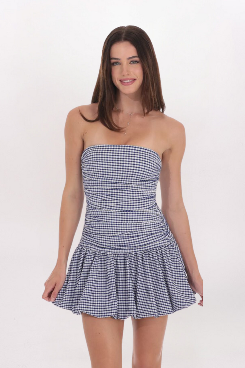 STRAPLESS GINGHAM BUBBLE DRESS
