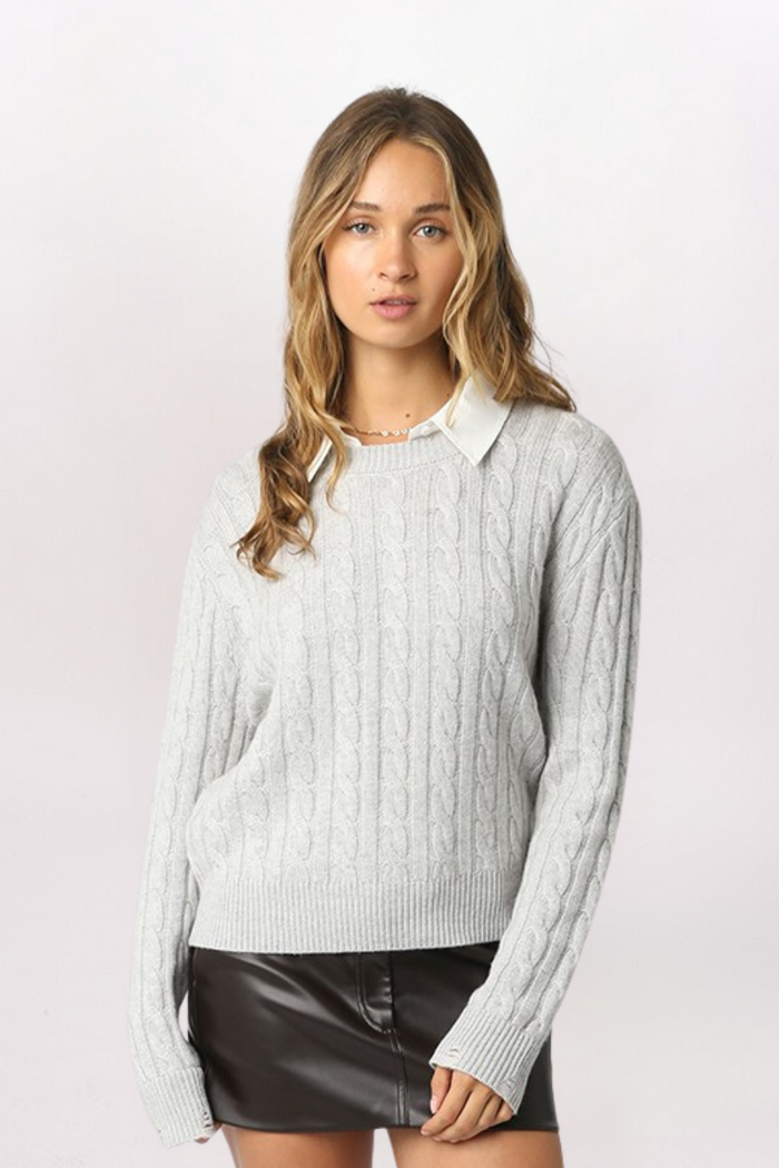 FAUX LAYERED CABLE COLLAR SWEATER