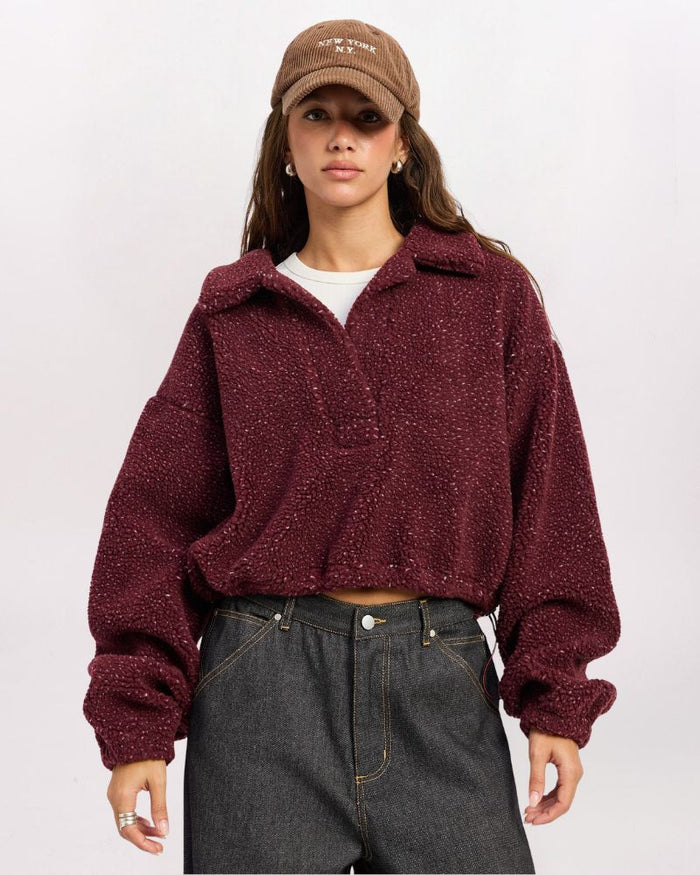 SPECKLED SHERPA COLLARED PULLOVER, BURGUNDY