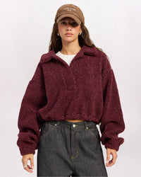 SPECKLED SHERPA COLLARED PULLOVER, BURGUNDY