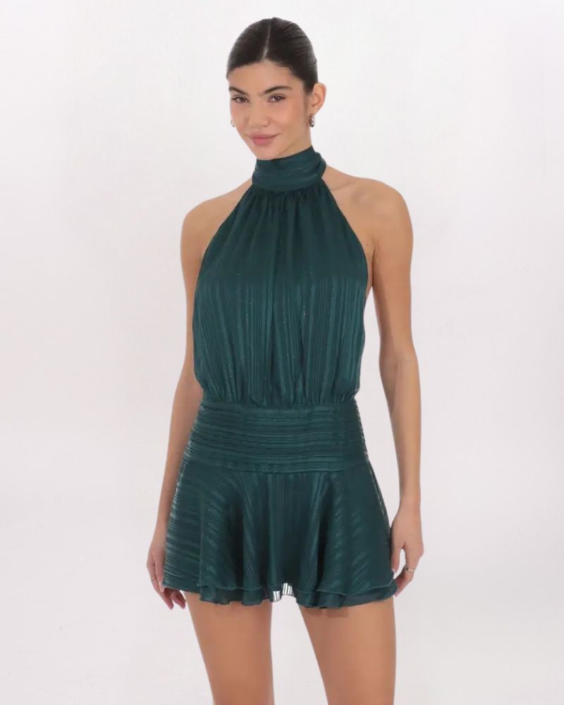 SHIMMER MOCK NECK HALTER DRESS - GREEN