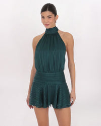 SHIMMER MOCK NECK HALTER DRESS - GREEN