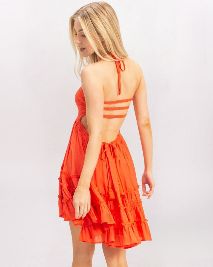 STRAPPY BACK SMOCKED DRESS, ORANGE RED