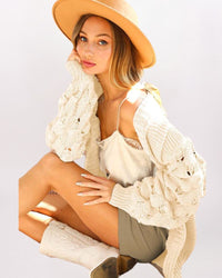 BUBBLE SLEEVE CHUNKY KNIT CARDIGAN