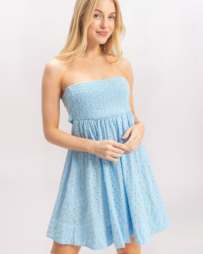 STRAPLESS TIE BACK SMOCKED DRESS, SKY BLUE