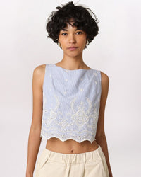 EYELET BORDER SEERSUCKER TOP, BLUE