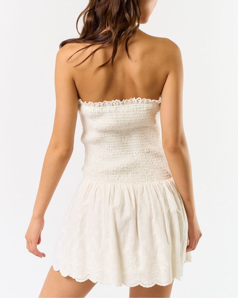 STRAPLESS SMOCK TOP EYELET DRESS