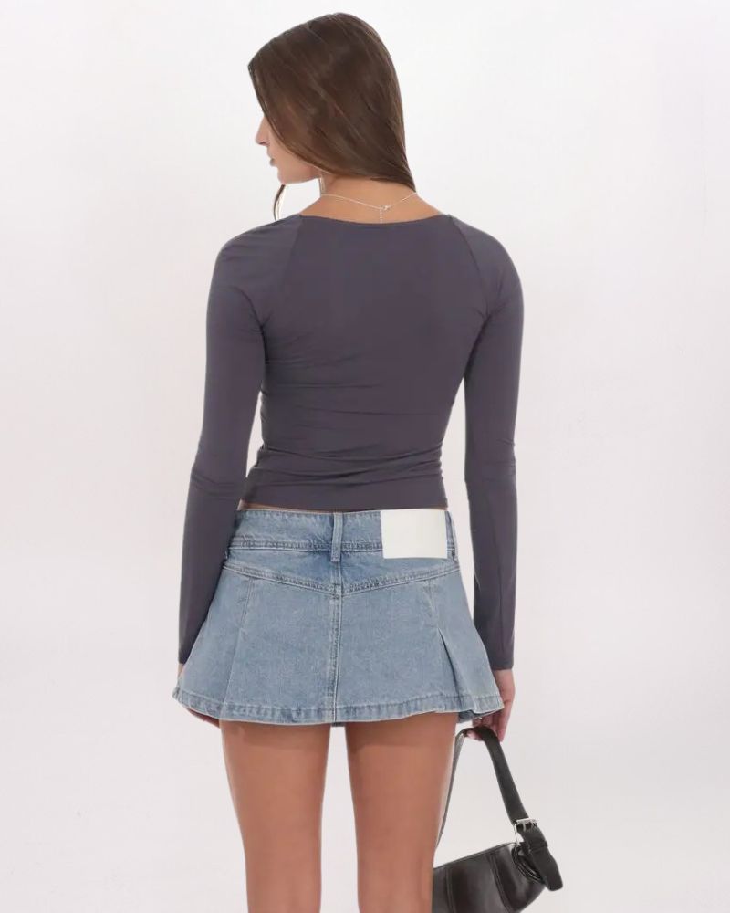 PLEATED FLARE DENIM MINI SKORT