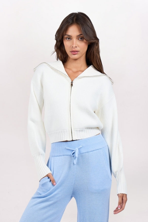 SHAWL COLLAR ZIP SWEATER - IVORY