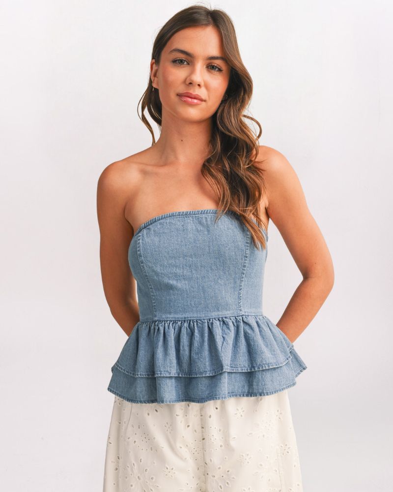 STRAPLESS TIE BACK PEPLUM TOP