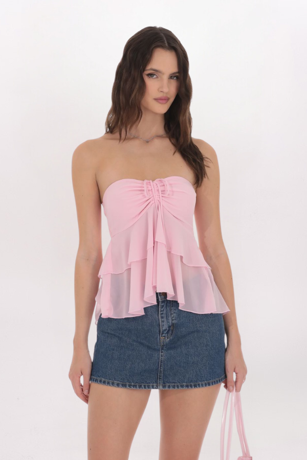 STRAPLESS CHIFFON RUFFLE TOP
