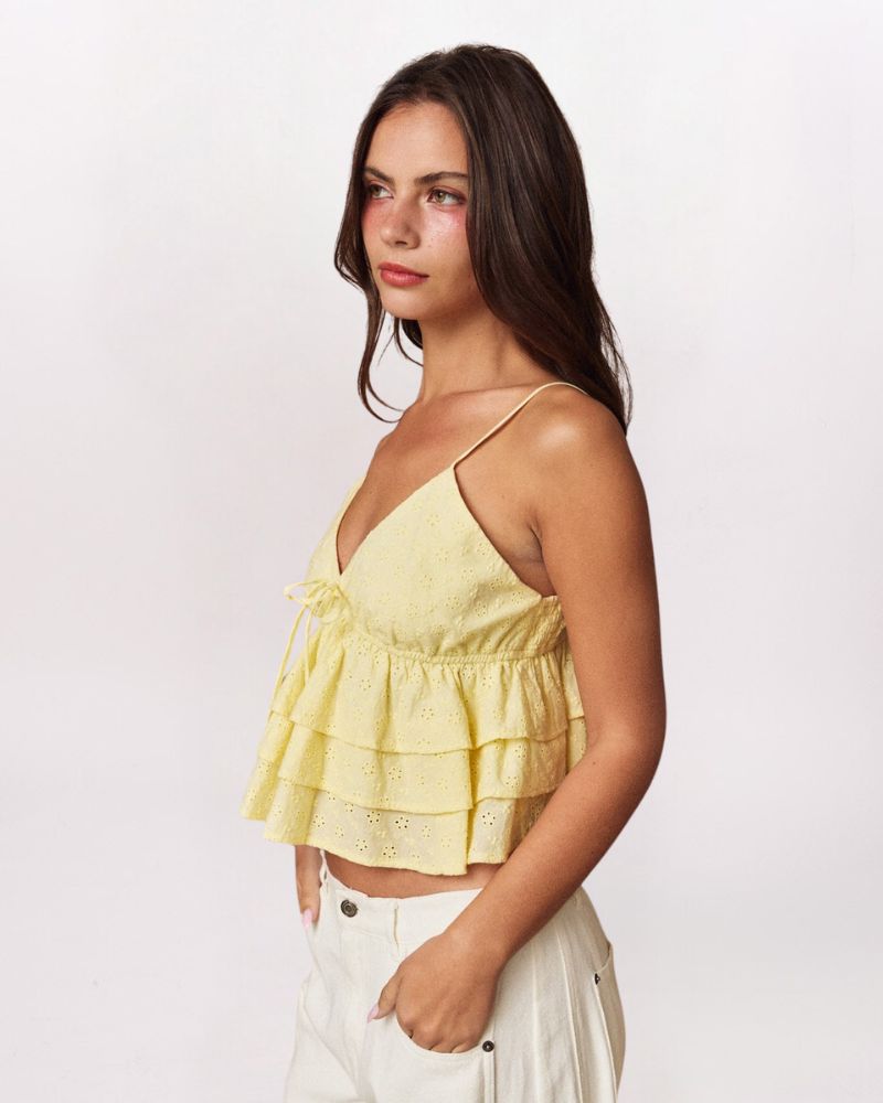 TIERED EYELET TOP, BUTTER YELLOW