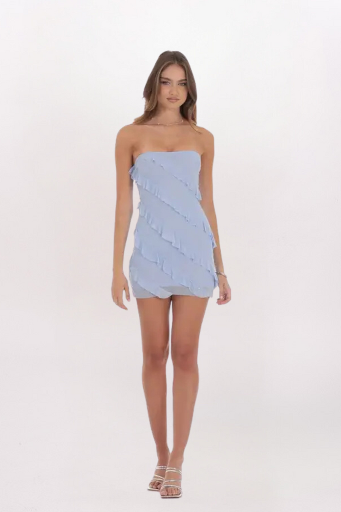 MESH RUFFLE RHINESTONE DRESS