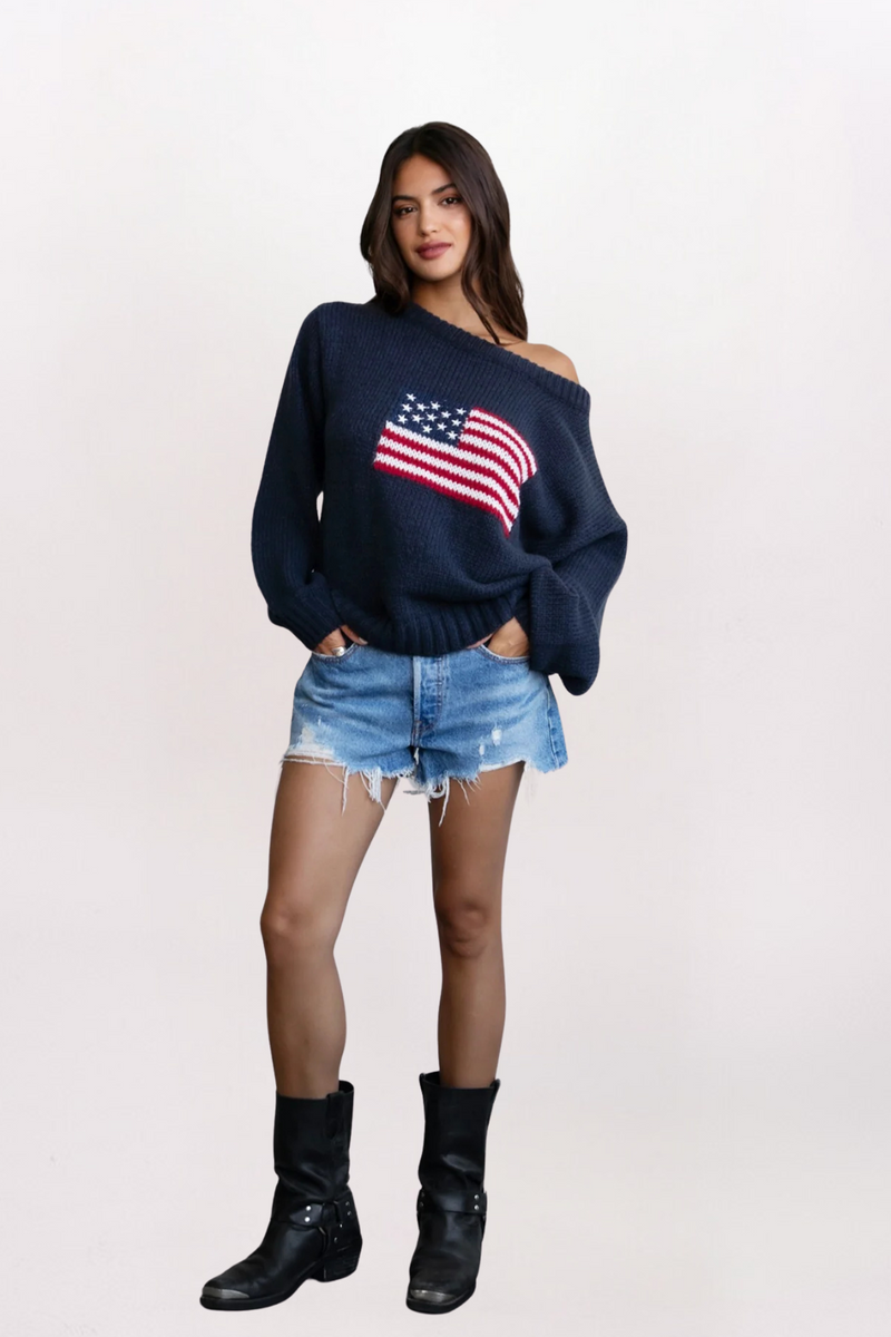 OFF SHOULDER AMERICAN FLAG SWEATER