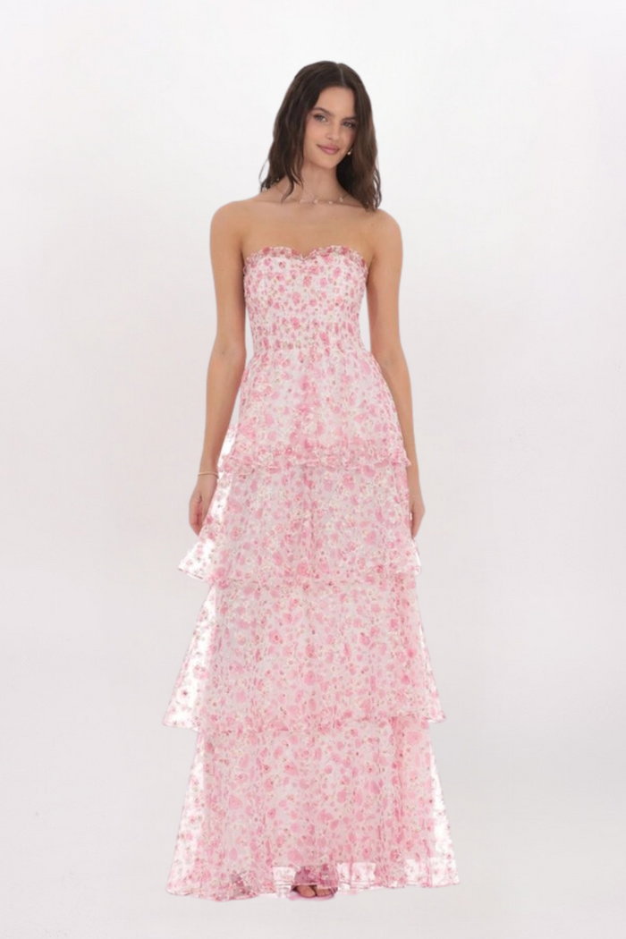 STRAPLESS SMOCKED FLORAL MAXI DRESS