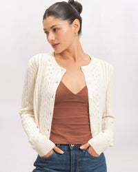 POINTELLE CABLE CARDIGAN, WARM CREAM