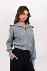 SHAWL COLLAR ZIP SWEATER - GREY