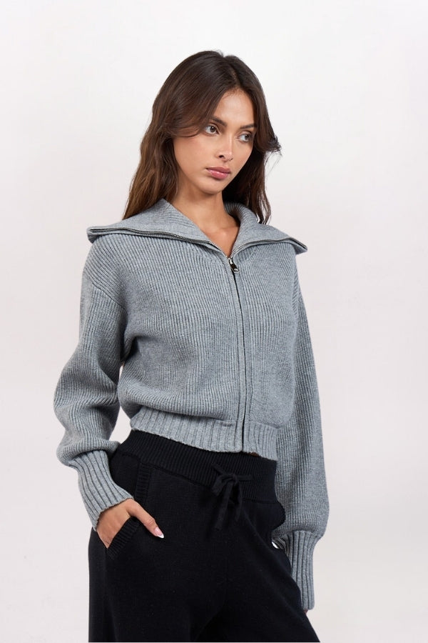 SHAWL COLLAR ZIP SWEATER, GREY