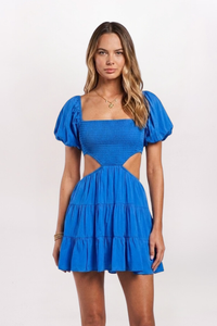 PUFF SLEEVE SIDE CUTOUT DRESS - MY OCEAN