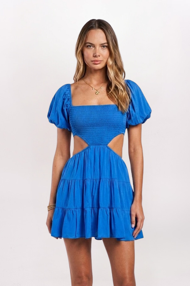 PUFF SLEEVE SIDE CUTOUT DRESS
