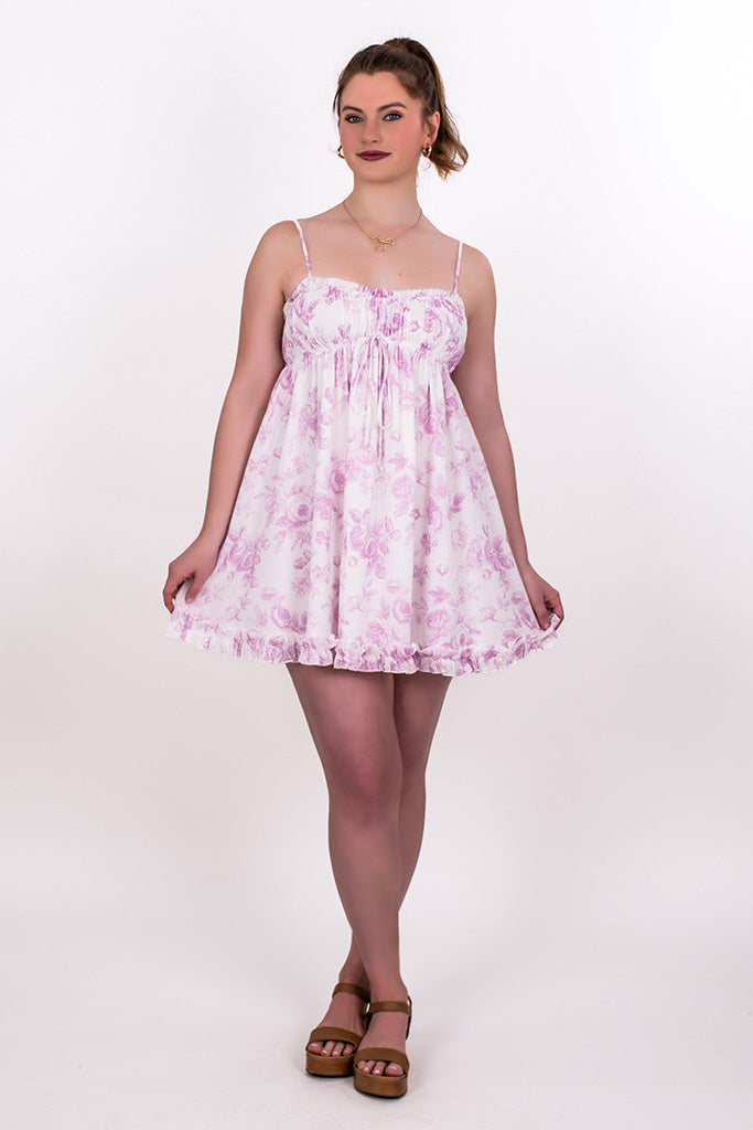 TOILE FLORAL RUFFLE HEM DRESS, PINK COTTON