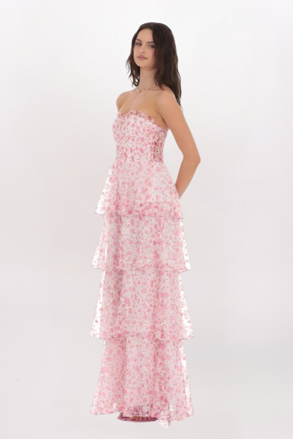 STRAPLESS SMOCKED FLORAL MAXI DRESS