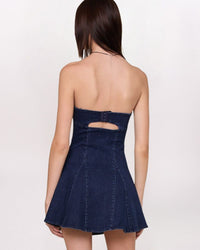 STRAPLESS PANELED DENIM DRESS, INDIGO