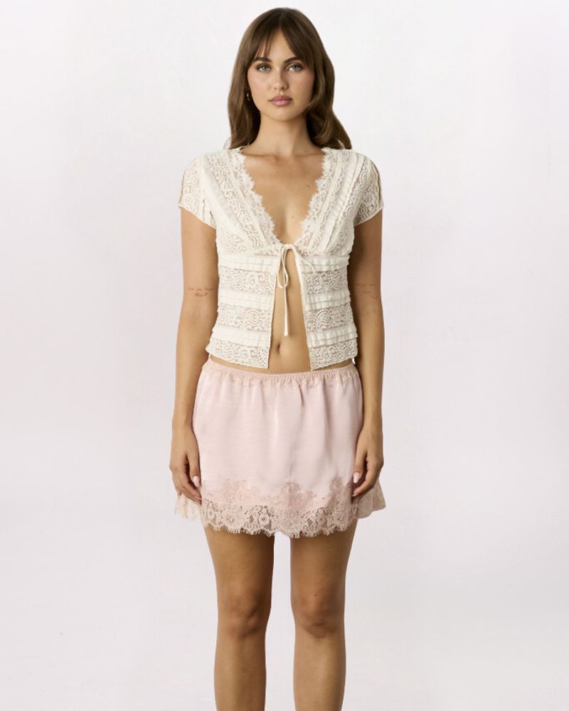 LACE HEM PULL ON SATIN SKIRT, PINK
