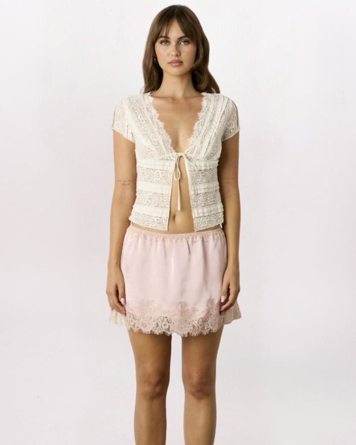 LACE HEM PULL ON SATIN SKIRT, PINK