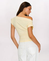 ASYMMETRICAL OFF SHOULDER TOP, BUTTER YLW
