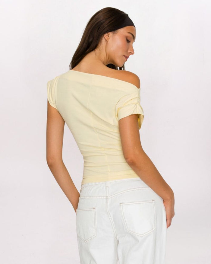 ASYMMETRICAL OFF SHOULDER TOP, BUTTER YLW
