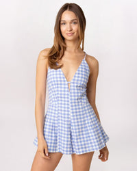LACED BACK GINGHAM ROMPER, LT BLUE/WHT