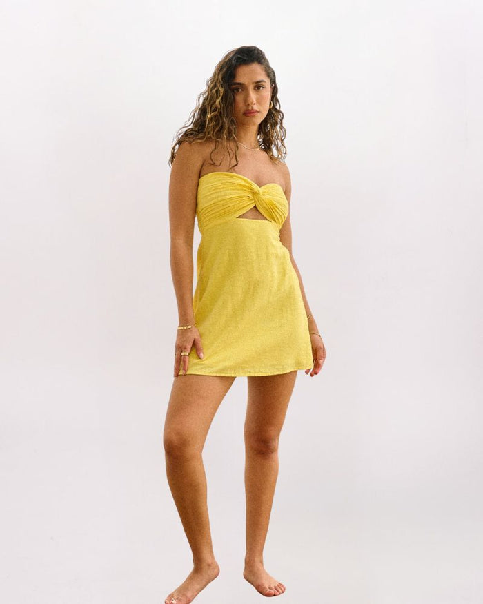 STRAPLESS TWIST FRONT DRESS - LEMON
