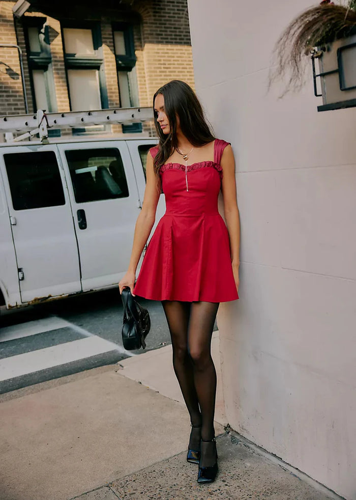 MIDNIGHT MAGIC MINI DRESS, RED DAHLIA COMBO